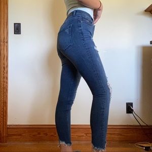 Express distressed dark wash ankle jeans